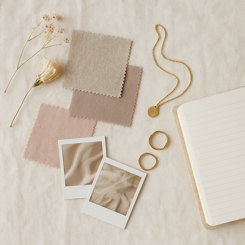 A curated mood board of fabric swatches, dried flowers and gold jewellery