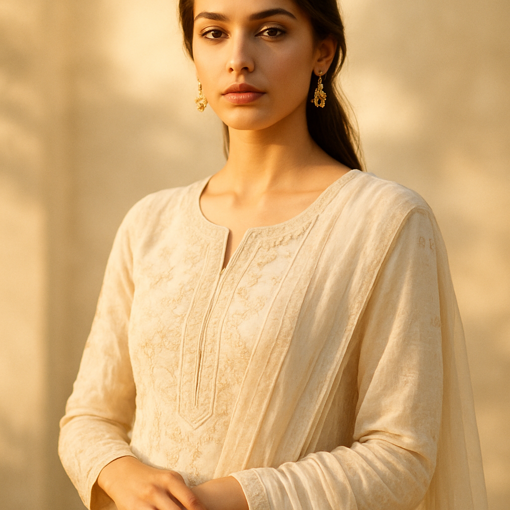 Woman in pastel ethnic outfit