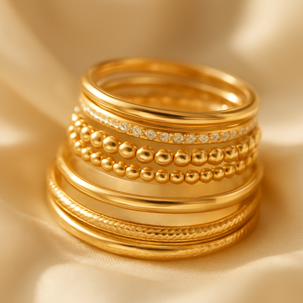Stacked gold rings on silk